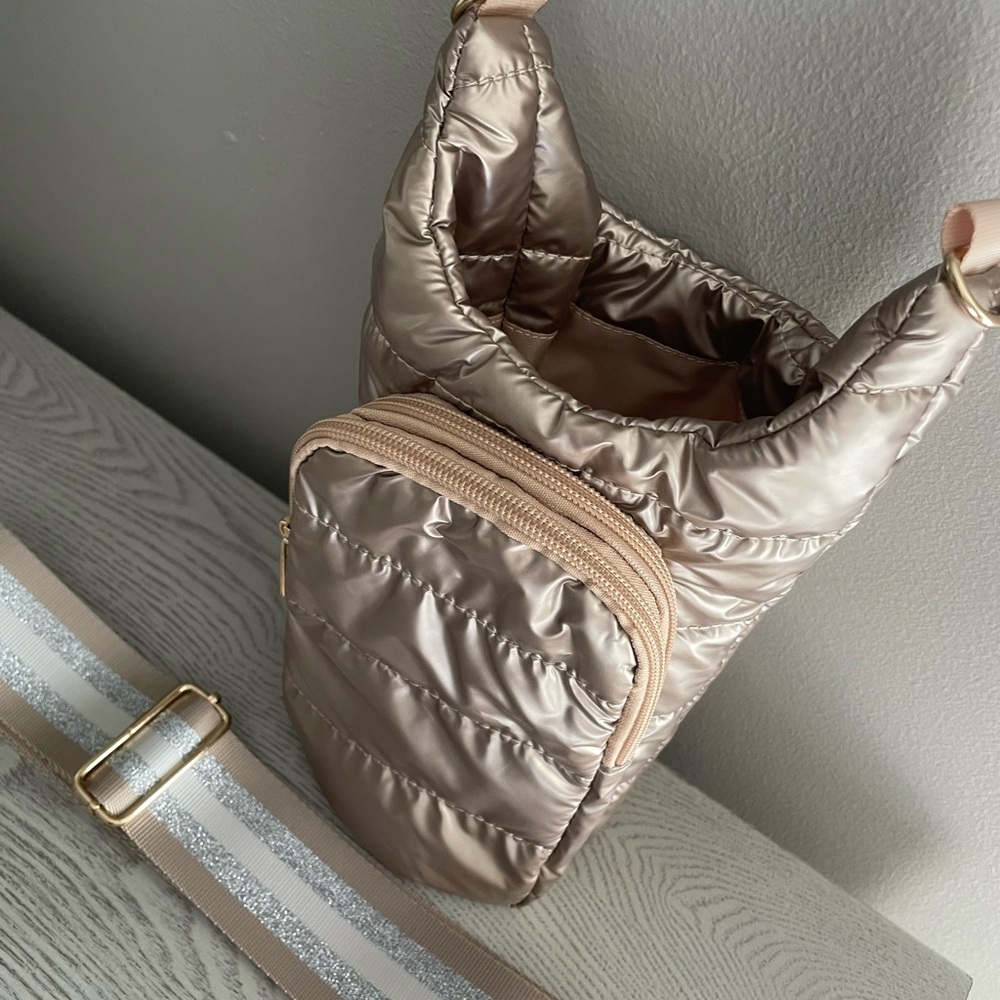 Quilted Metallic Taupe Crossbody Bag with Strap